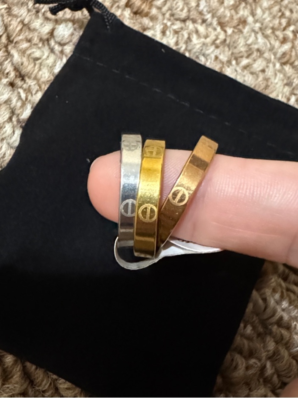 Unisex Gold, Silver & Bronze Screw-Accent Stackable Rings Size 9